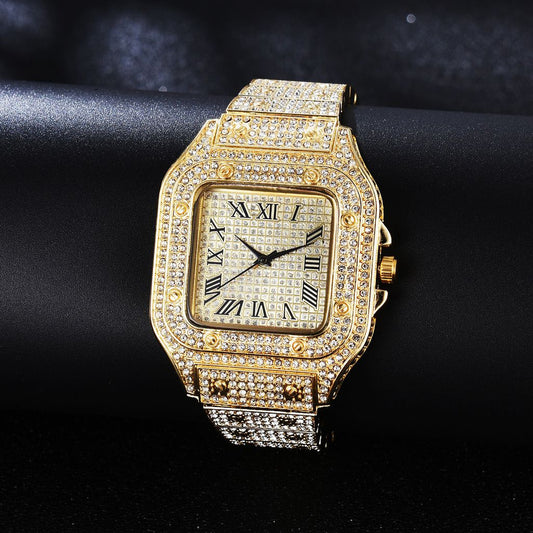 Golden Iced-Out Cartier Watch – Fully Frosted Luxury Timepiece